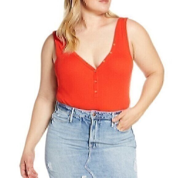 NEW BP NORDSTROM Plus Size Henley Tank Bodysuit Red Ribbed Sleeveless Cotton 1X - Picture 1 of 10